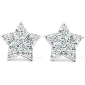 14K White Gold Diamond Pave Petite Star Studs Dainty High Polished 6.5MM