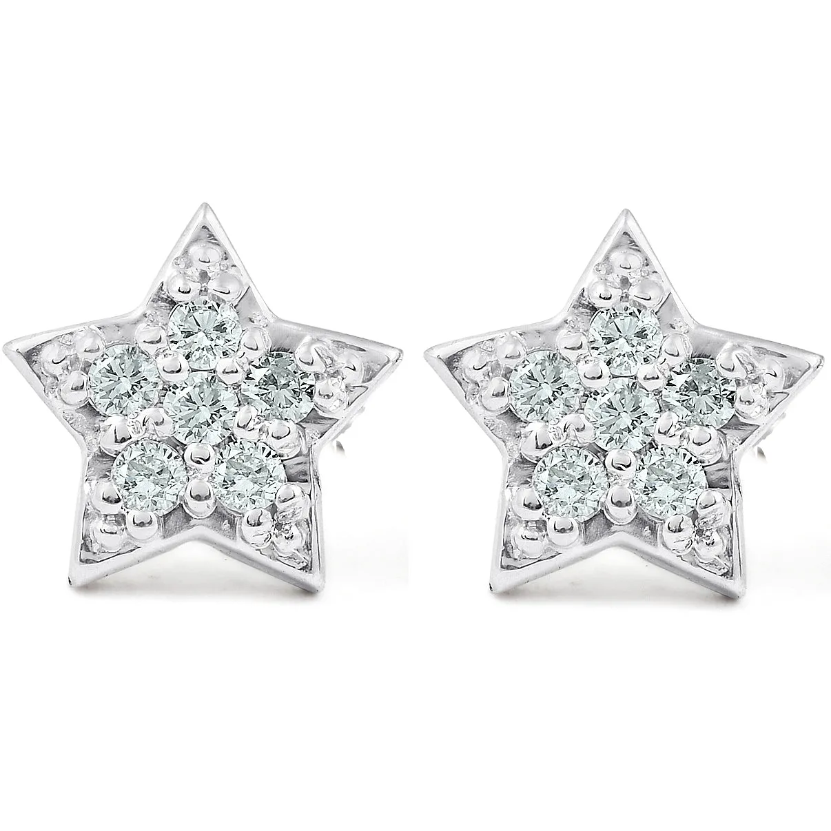 14K White Gold Diamond Pave Petite Star Studs Dainty High Polished 6.5MM