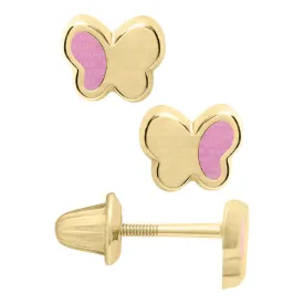 14k Yellow Gold Half Pink Butterfly Earrings