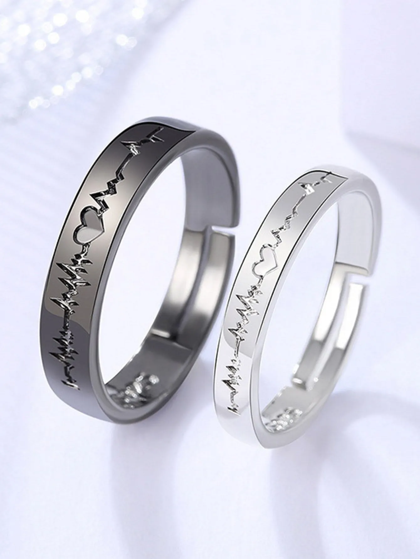 2pcs Couple Heartbeat Detail Ring