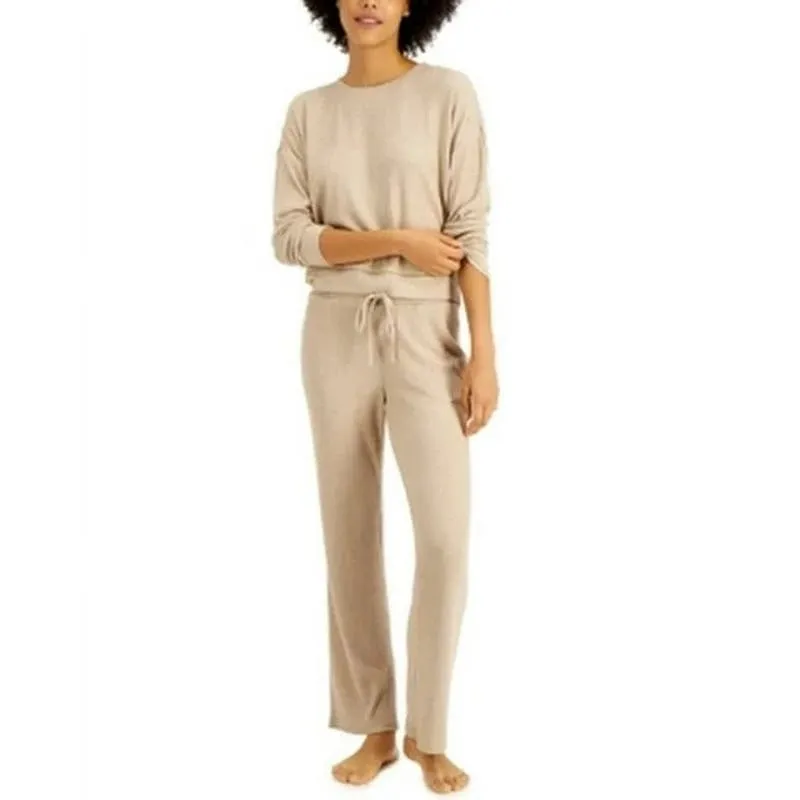 Alfani Women's Ribbed Pajama Set In Sandy Beige, Size Small