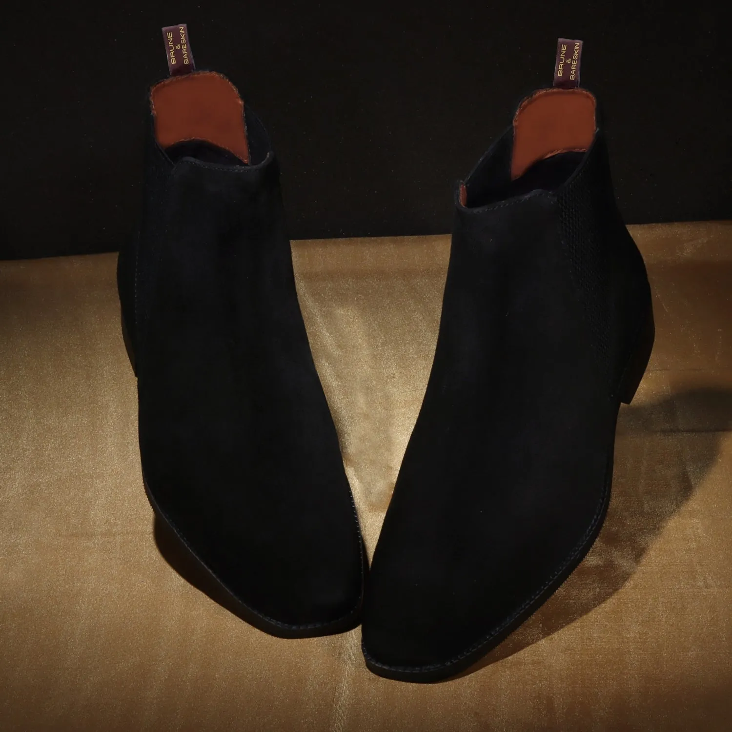 Black Suede Leather Chelsea Boot with a Stylish Sharp Elastic Design