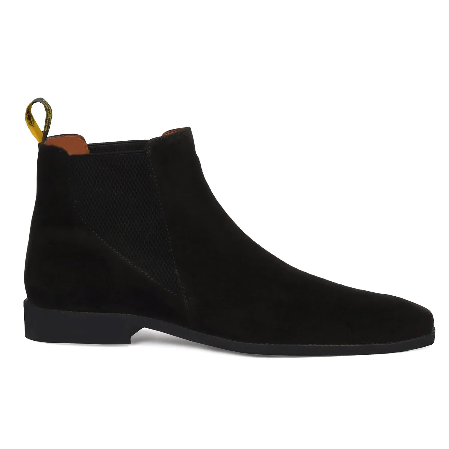 Black Suede Leather Chelsea Boot with a Stylish Sharp Elastic Design