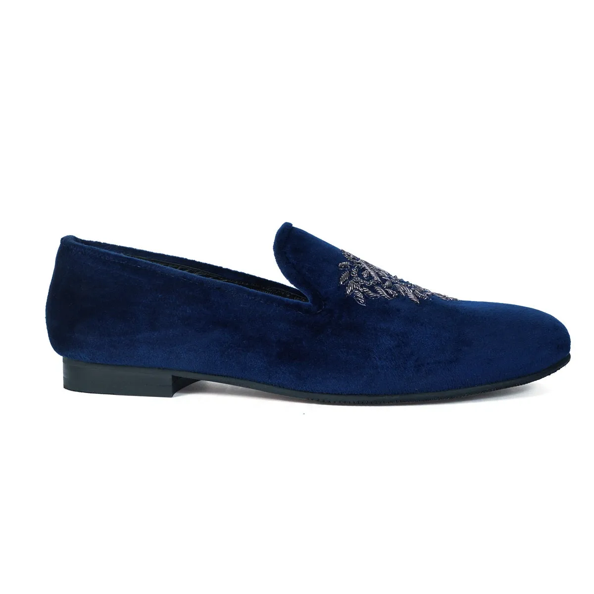 Blue Velvet Men's Slip-on with Motifs Design Hand Embroidered