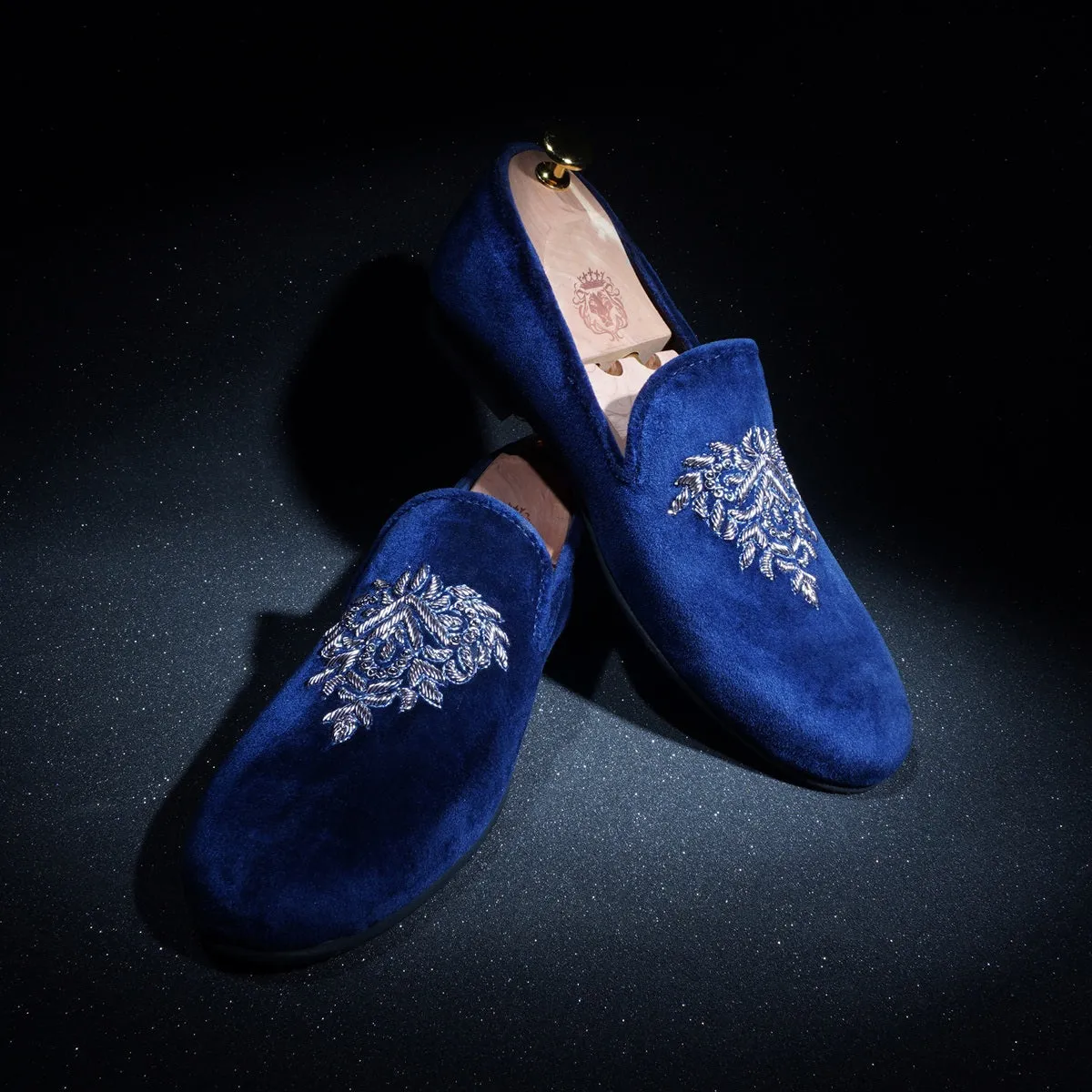 Blue Velvet Men's Slip-on with Motifs Design Hand Embroidered