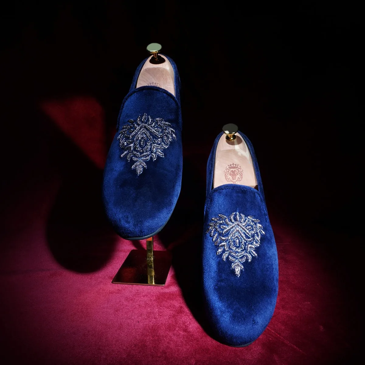 Blue Velvet Men's Slip-on with Motifs Design Hand Embroidered