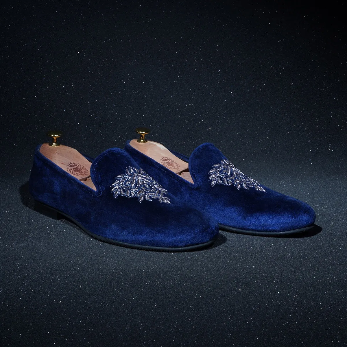 Blue Velvet Men's Slip-on with Motifs Design Hand Embroidered