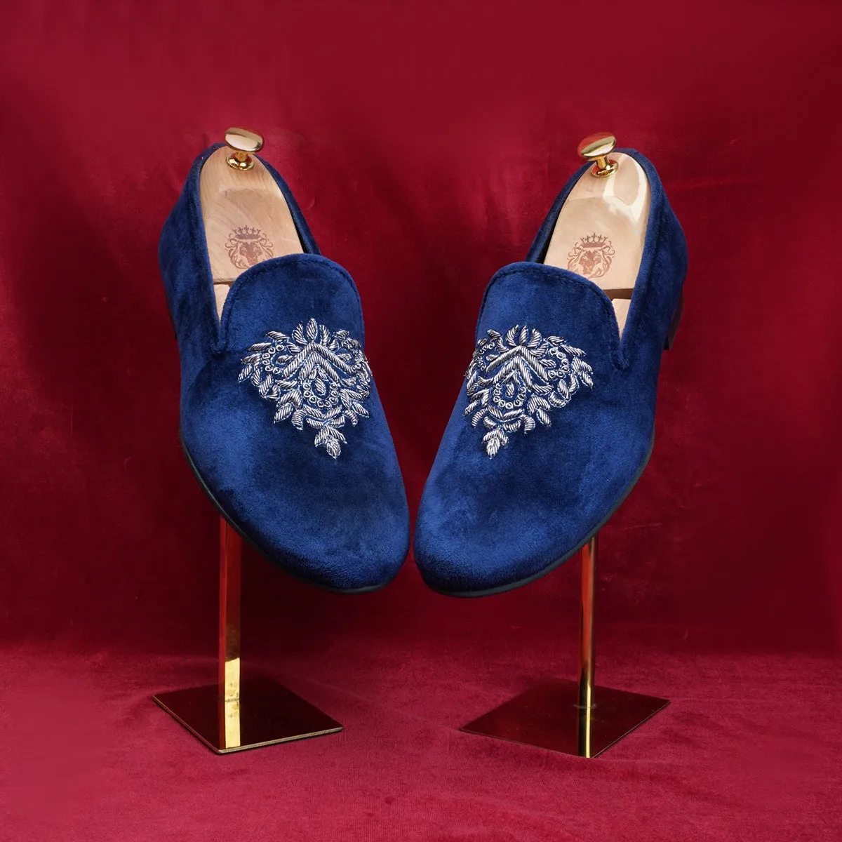 Blue Velvet Men's Slip-on with Motifs Design Hand Embroidered