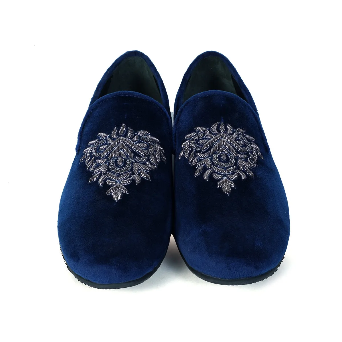 Blue Velvet Men's Slip-on with Motifs Design Hand Embroidered