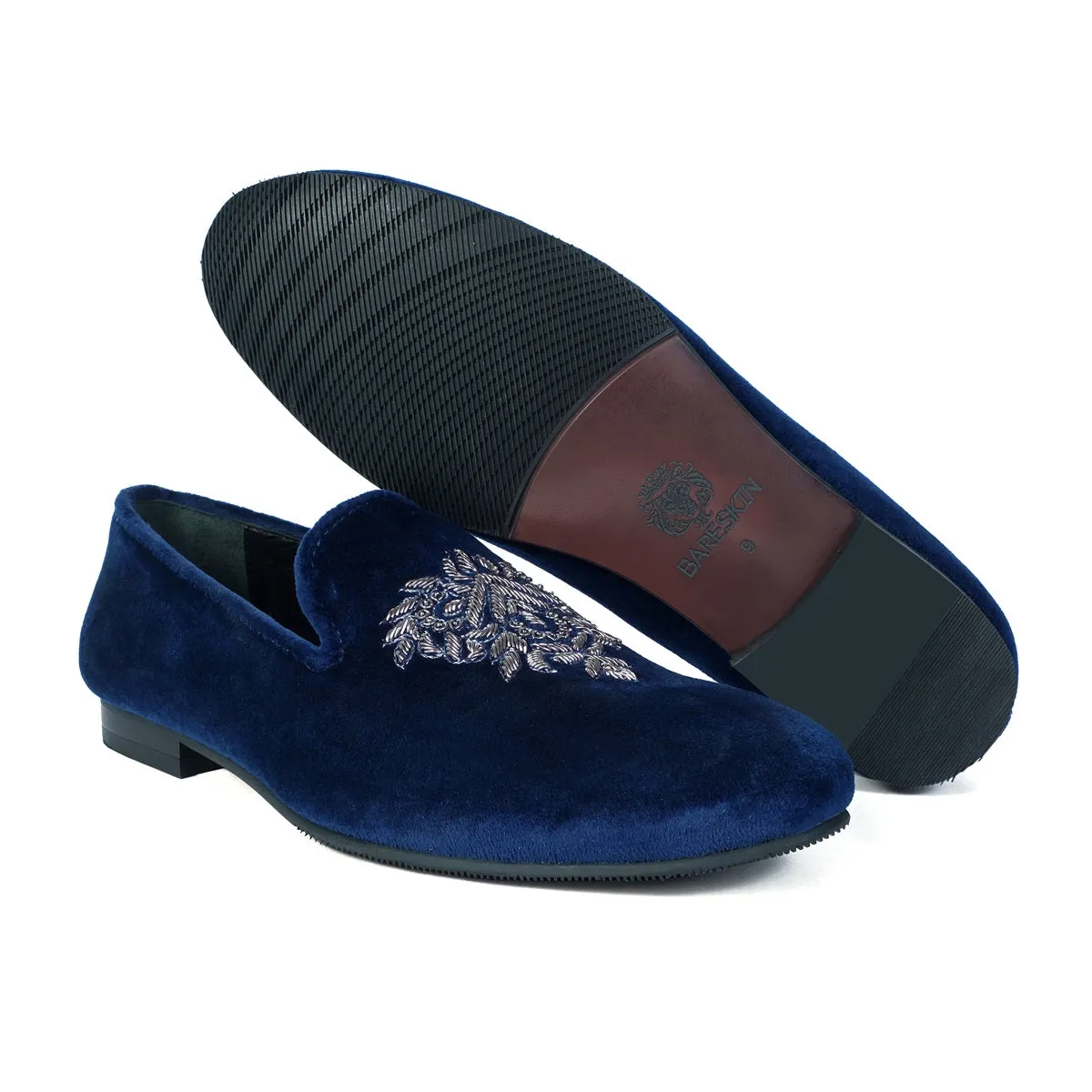 Blue Velvet Men's Slip-on with Motifs Design Hand Embroidered