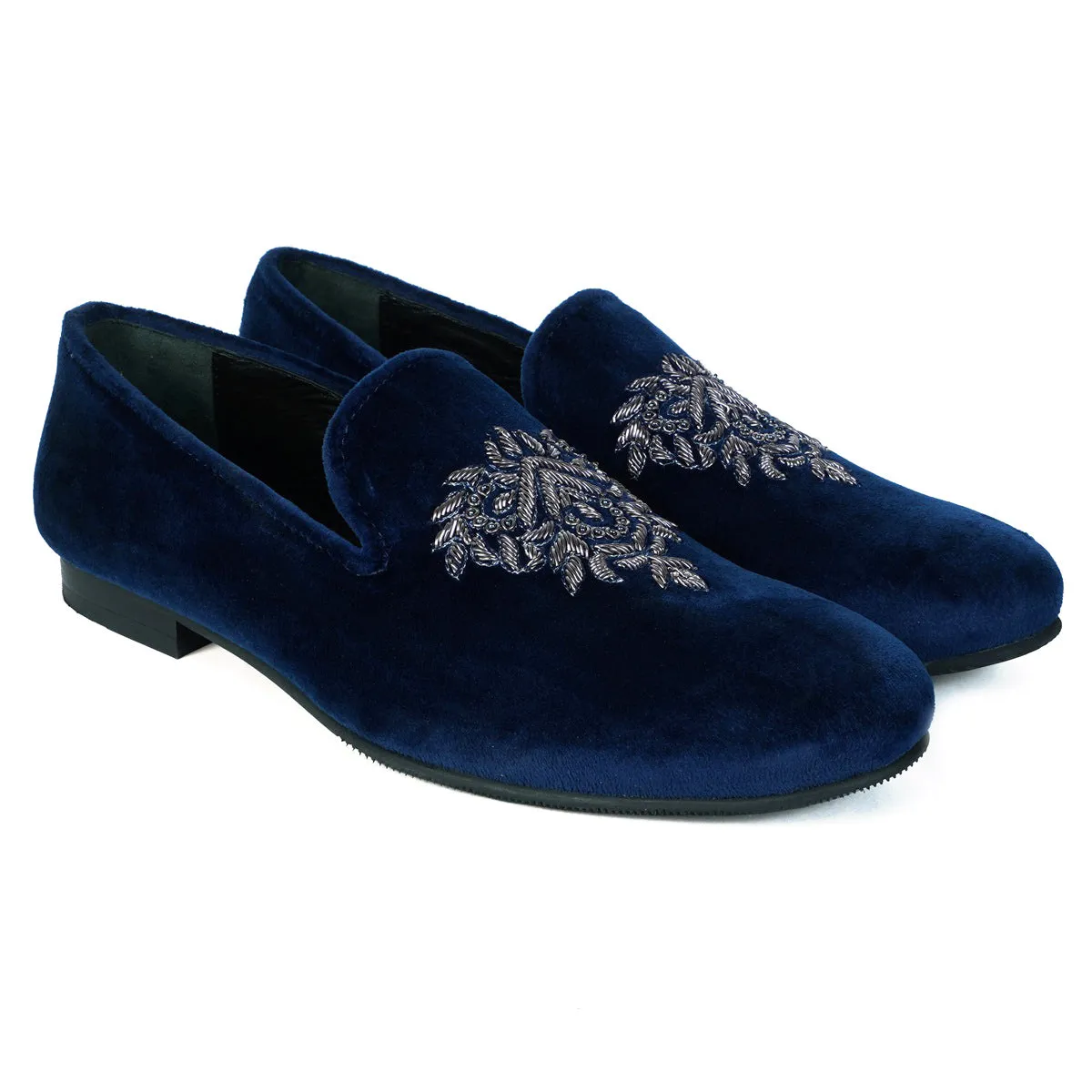 Blue Velvet Men's Slip-on with Motifs Design Hand Embroidered