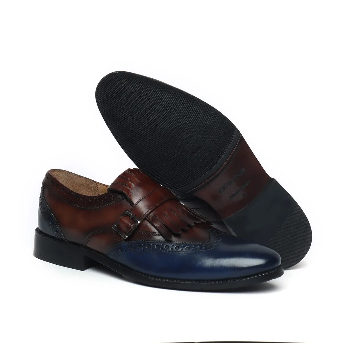 Brown/Blue Leather Fringed Single Monk Strap Shoes By Brune & Bareskin