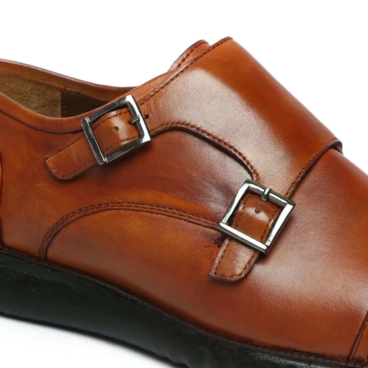 Cap Toe Tan Leather Light Weight Double Monk Shoes by Brune & Bareskin