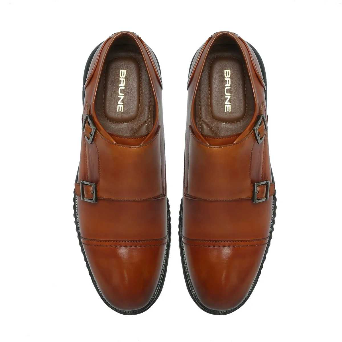 Cap Toe Tan Leather Light Weight Double Monk Shoes by Brune & Bareskin