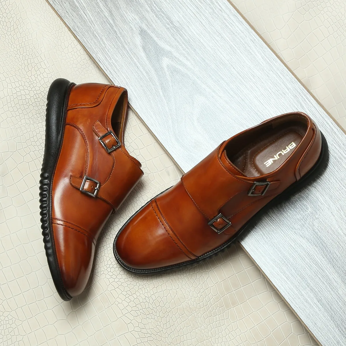 Cap Toe Tan Leather Light Weight Double Monk Shoes by Brune & Bareskin