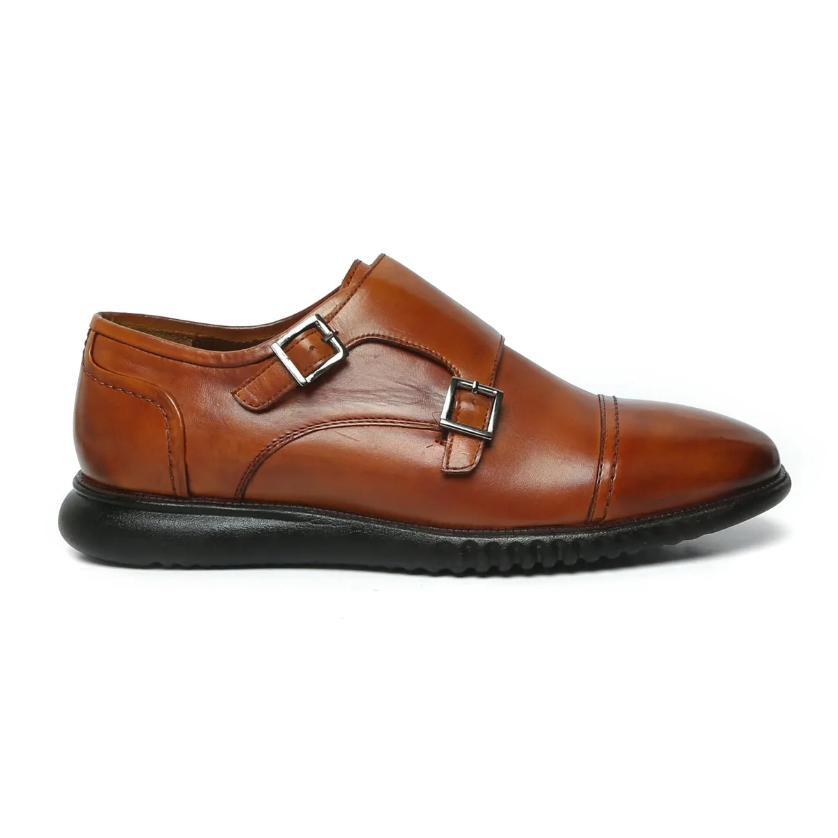 Cap Toe Tan Leather Light Weight Double Monk Shoes by Brune & Bareskin