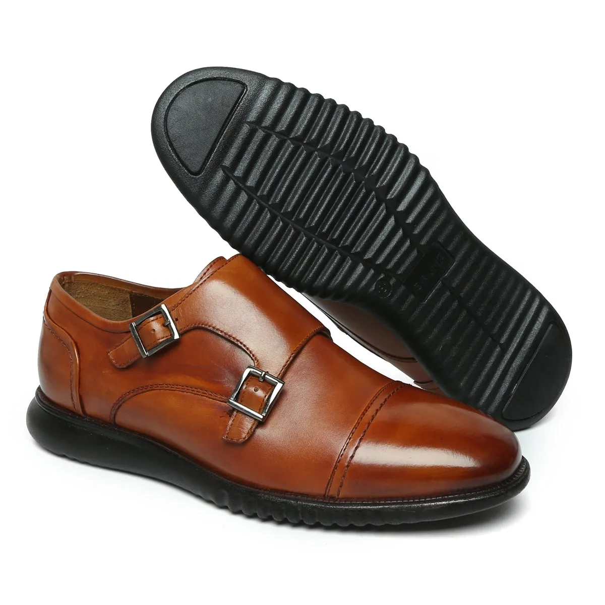 Cap Toe Tan Leather Light Weight Double Monk Shoes by Brune & Bareskin