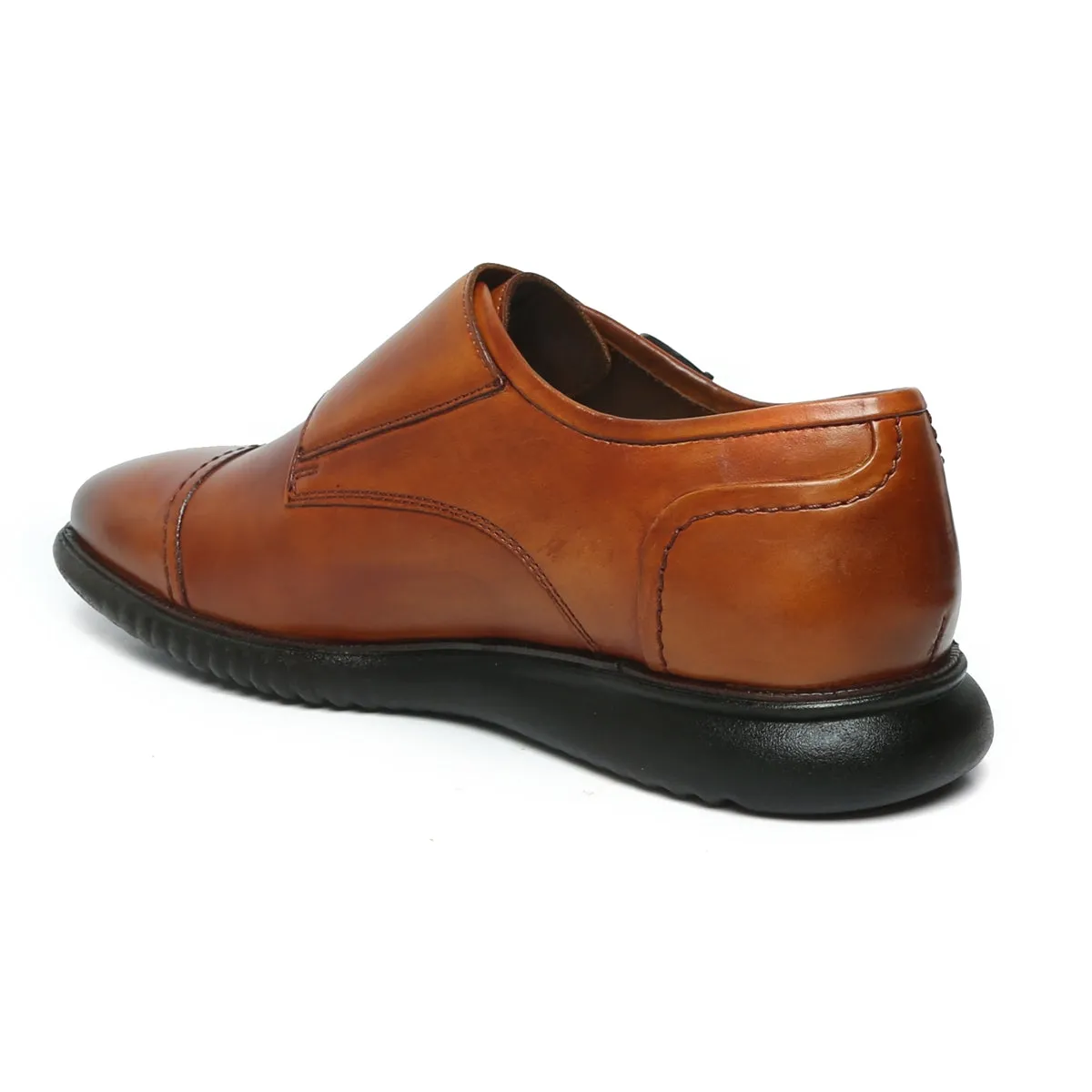 Cap Toe Tan Leather Light Weight Double Monk Shoes by Brune & Bareskin