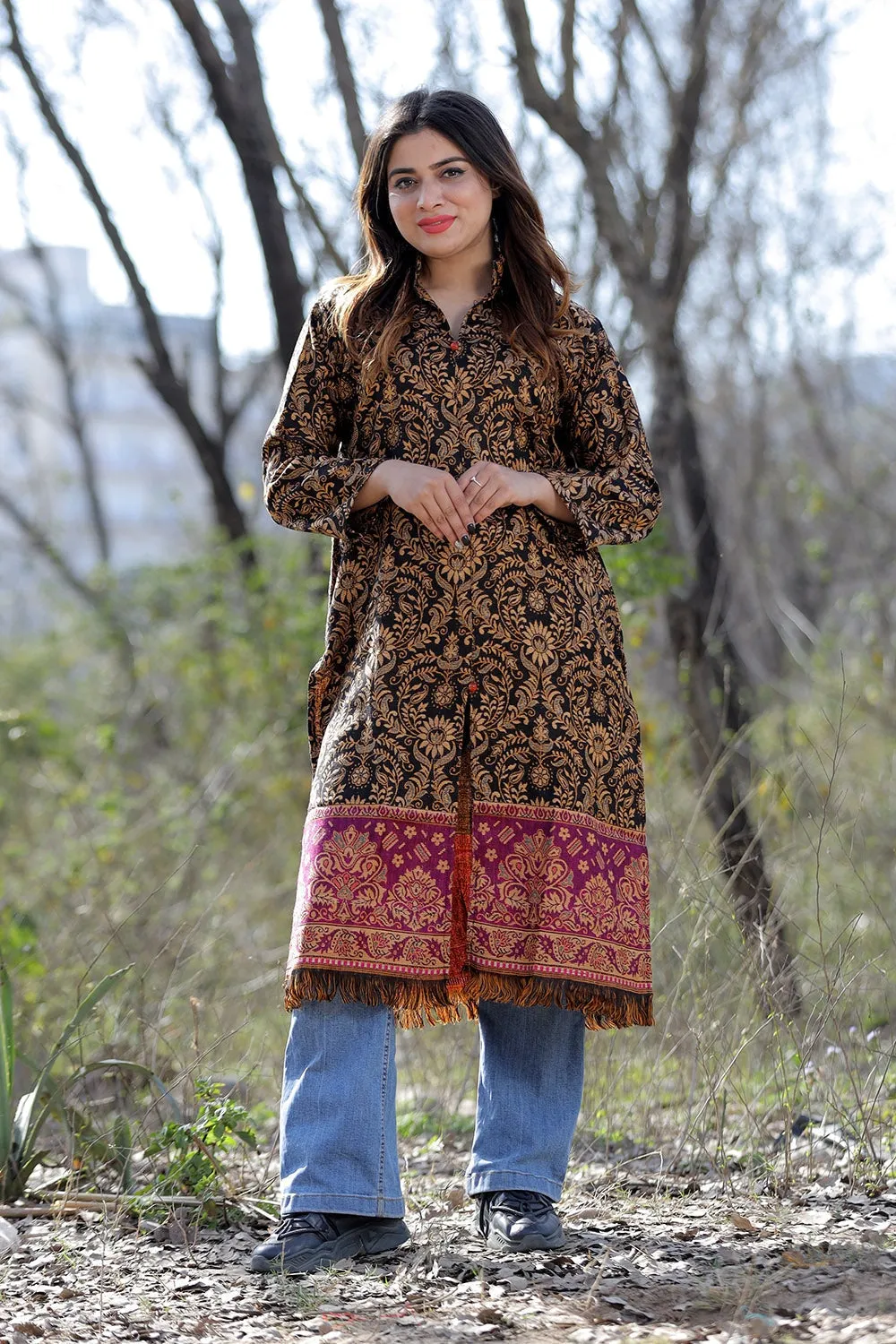 Charcoal Black Color Kashmiri Woven Sherwani Kurti With Paisleys Pattern