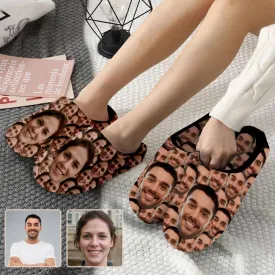 Couple Gift Seamless Custom Face Photo All Over Print Personalized Non-Slip Cotton Slippers For Girlfriend Boyfriend