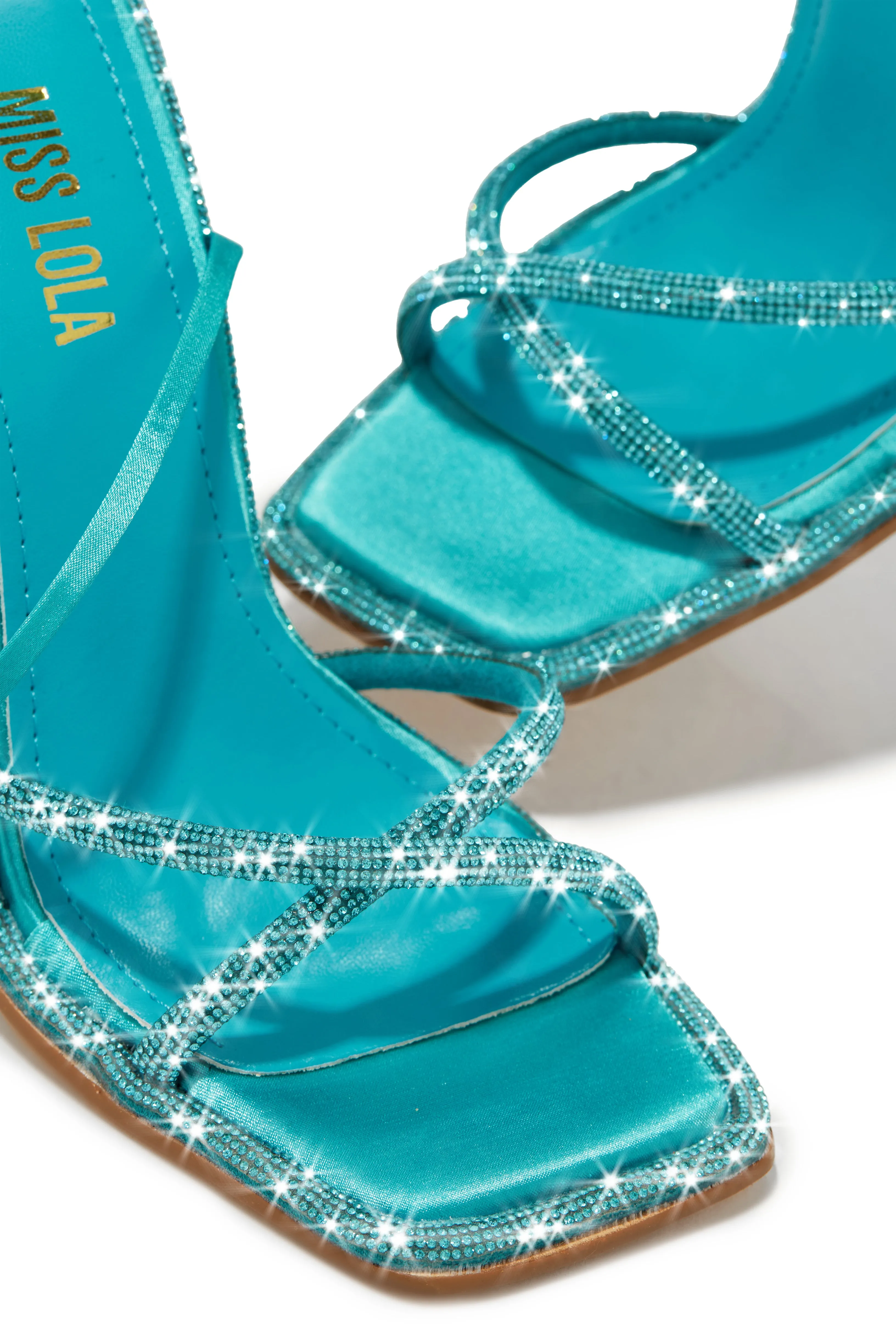 Crystal Embellished Lace Up High Heels - Aqua