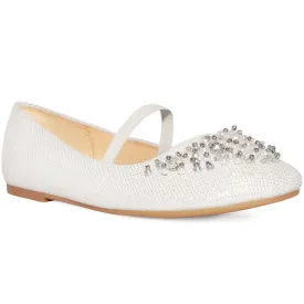 DAHLIA KIDS PEARL & DIAMANTE EMBELLISHED FLATFORM SHOES IN WHITE