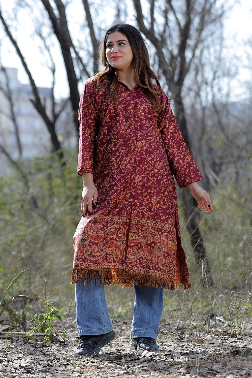 Dark Pink Color Kashmiri Woven Sherwani With Paisleys Pattern