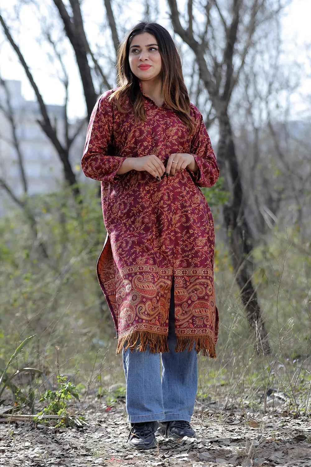 Dark Pink Color Kashmiri Woven Sherwani With Paisleys Pattern