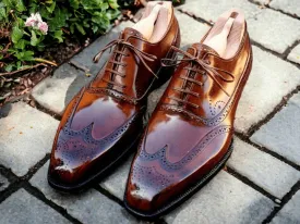 Elegant Men's handmade Wing Tip Brogue Brown Leather Shoes, custom made dress men shoes