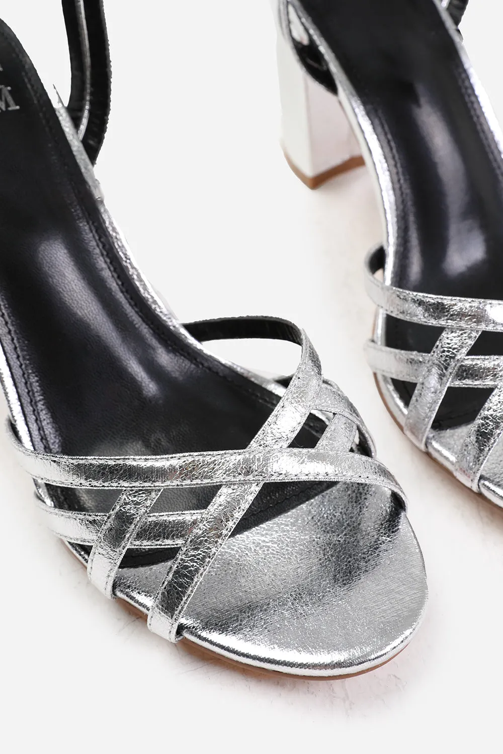 ESMER WIDE FIT MID BLOCK HEEL WITH CROSS OVER STRAP DETAILING IN SILVER CRINKLE FAUX LEATHER