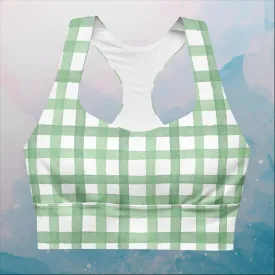 Green Gingham Print Womens Bralette Longline Sports Bra