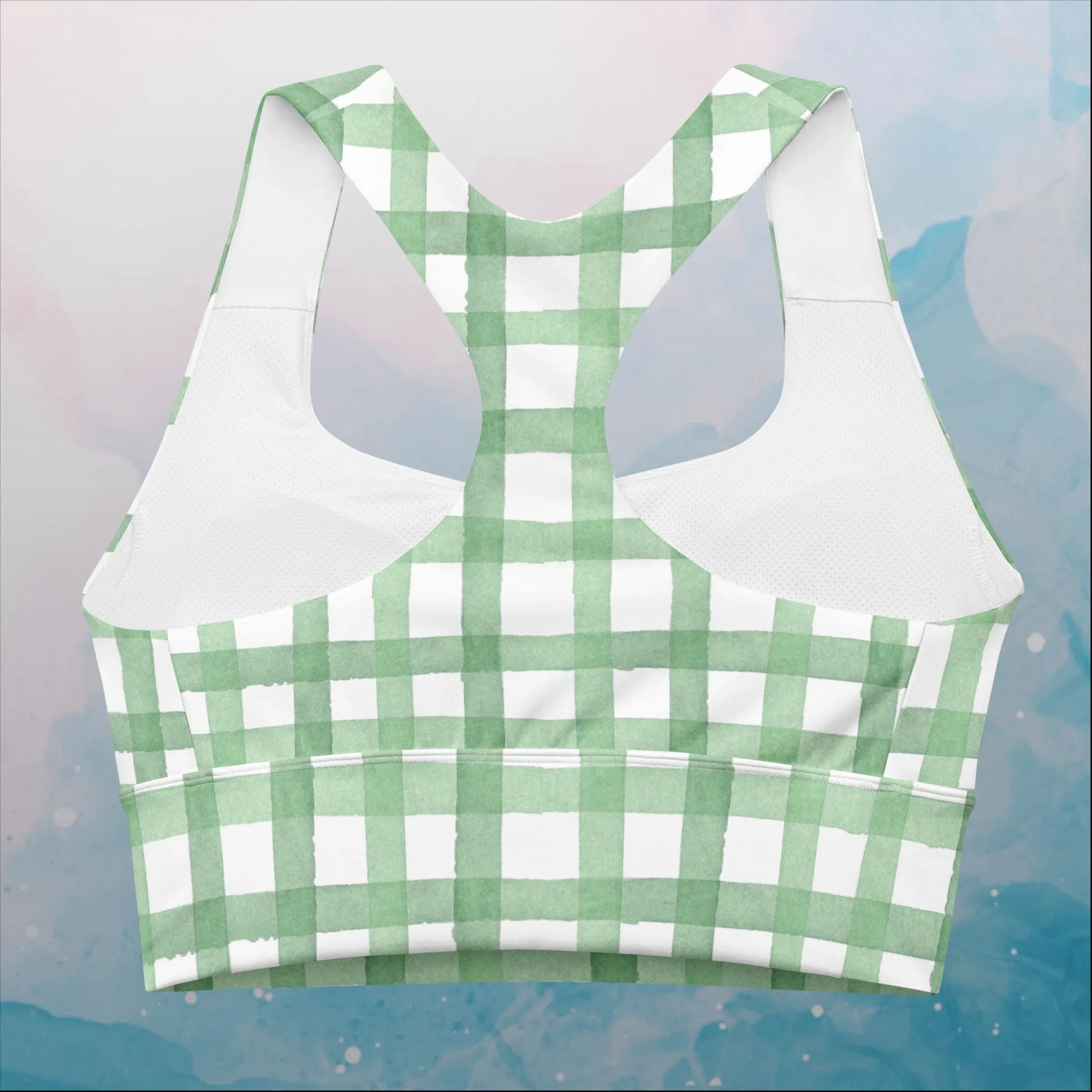 Green Gingham Print Womens Bralette Longline Sports Bra