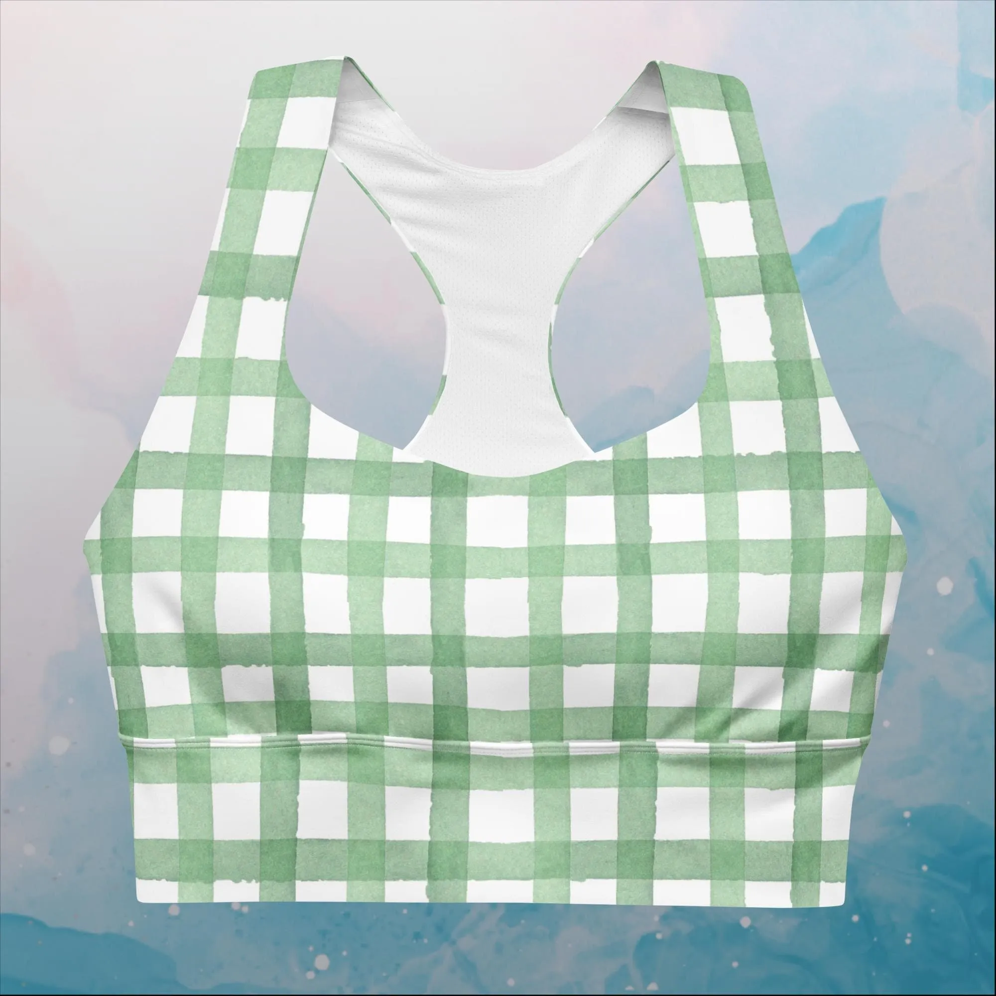 Green Gingham Print Womens Bralette Longline Sports Bra