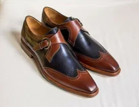 Hand stitched Wing tip shoes, Dress Navy Blue Brown Shoes, Formal Monk Men Shoe