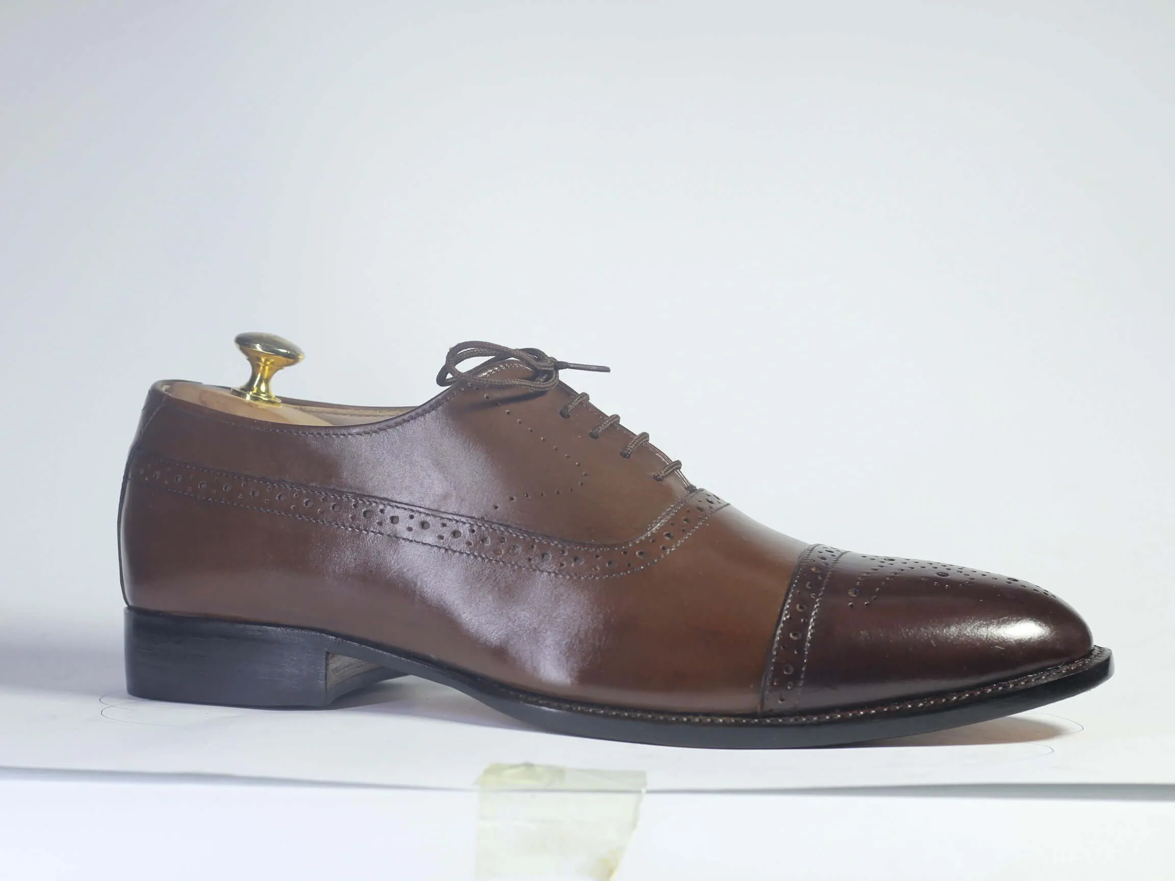 Handmade Men Brown Leather Cap Toe Brogue Shoes, Men Dress Formal Designer Shoes