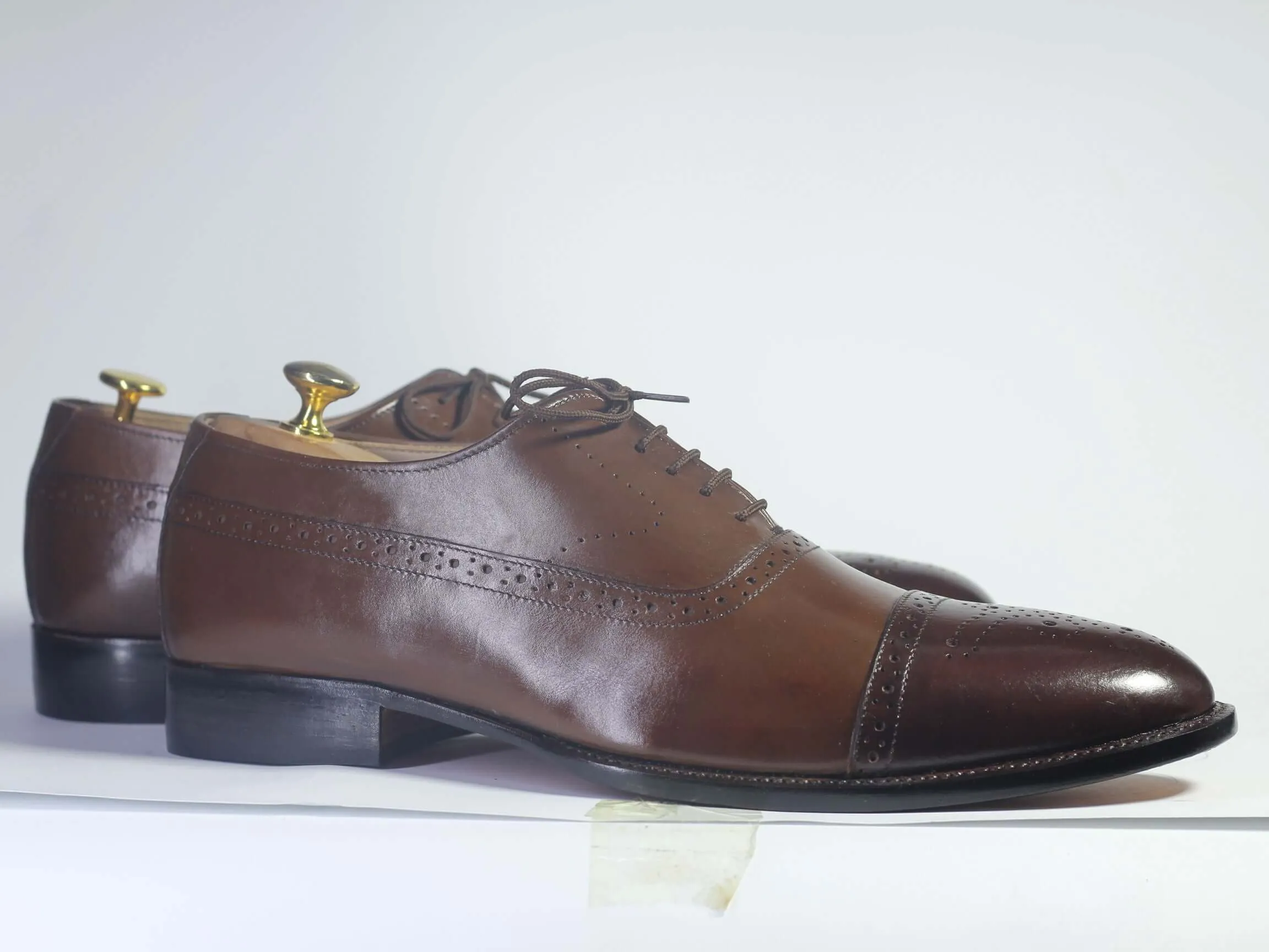 Handmade Men Brown Leather Cap Toe Brogue Shoes, Men Dress Formal Designer Shoes