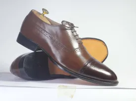 Handmade Men Brown Leather Cap Toe Brogue Shoes, Men Dress Formal Designer Shoes