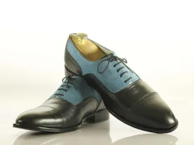 Handmade Men's Black Blue Leather Suede Cap Toe Lace Up Shoes, Men Designer Dress Formal Luxury Shoes