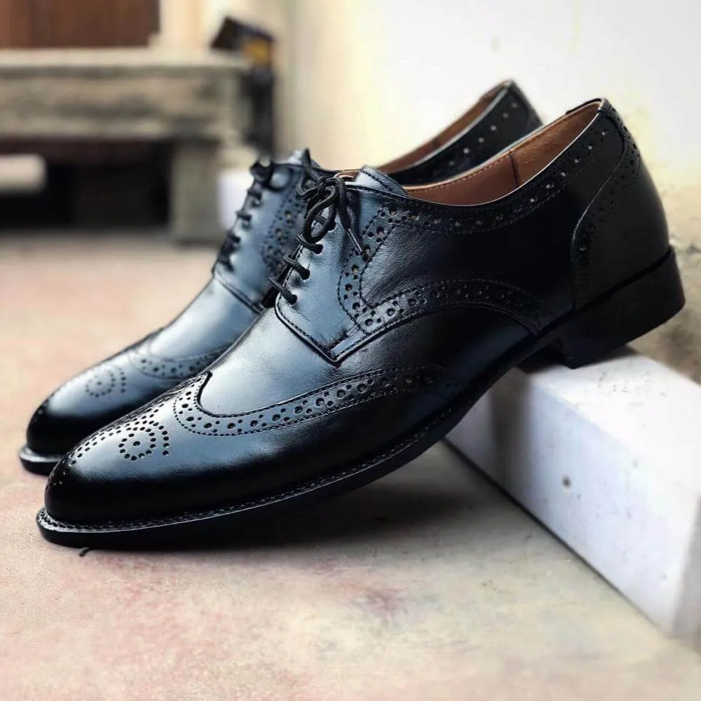 Handmade Men's Black Leather Wing Tip Brogue Lace Up Shoes, Men Designer Dress Formal Luxury Shoes