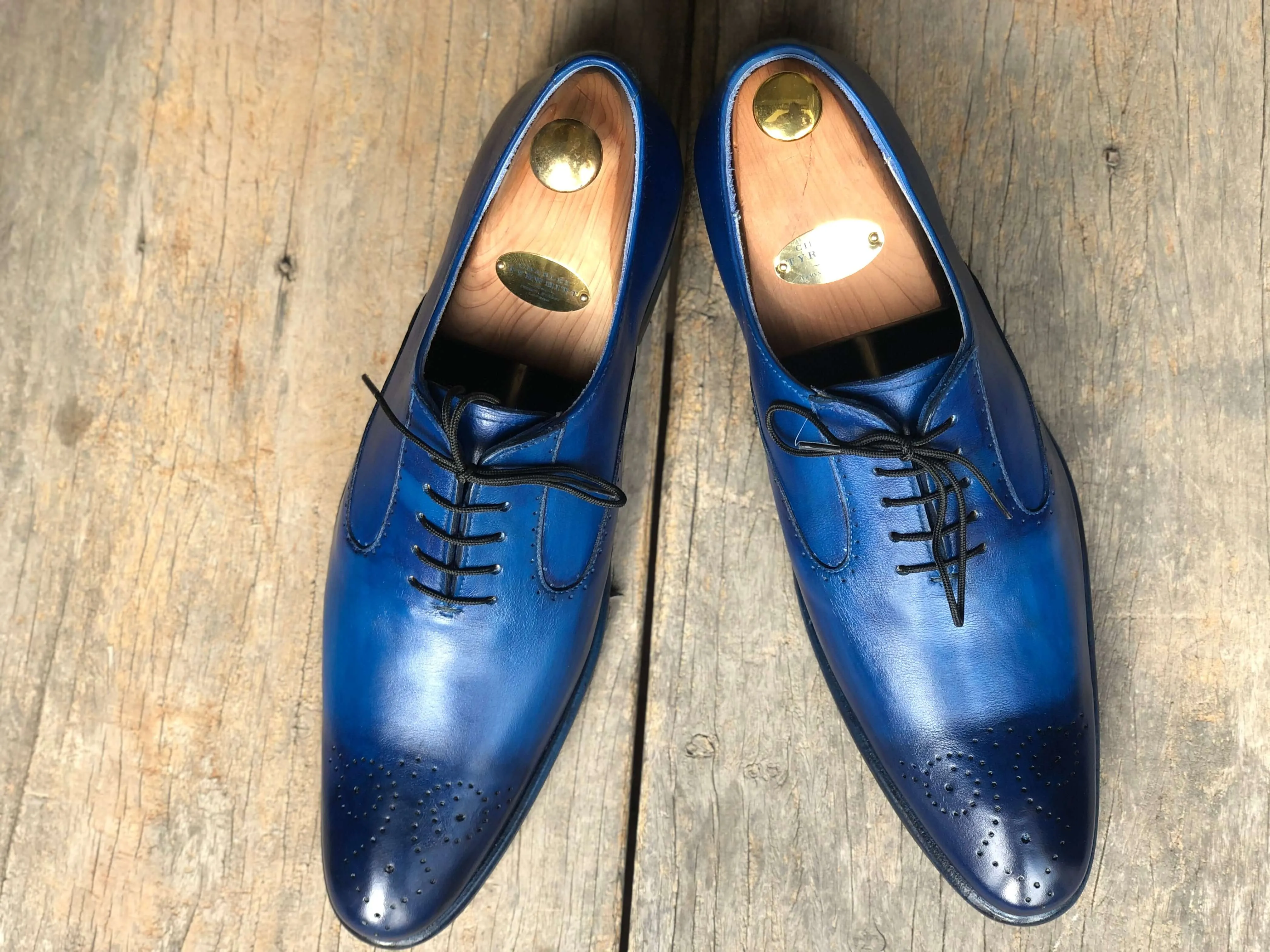 Handmade Men's Blue Brogue Pointed Toe Leather Shoes, Men Dress Formal Shoes