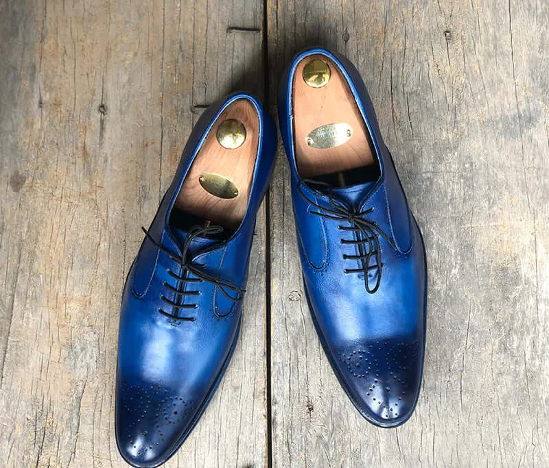 Handmade Men's Blue Brogue Pointed Toe Leather Shoes, Men Dress Formal Shoes