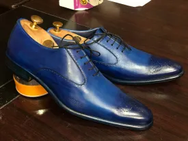 Handmade Men's Blue Brogue Pointed Toe Leather Shoes, Men Dress Formal Shoes