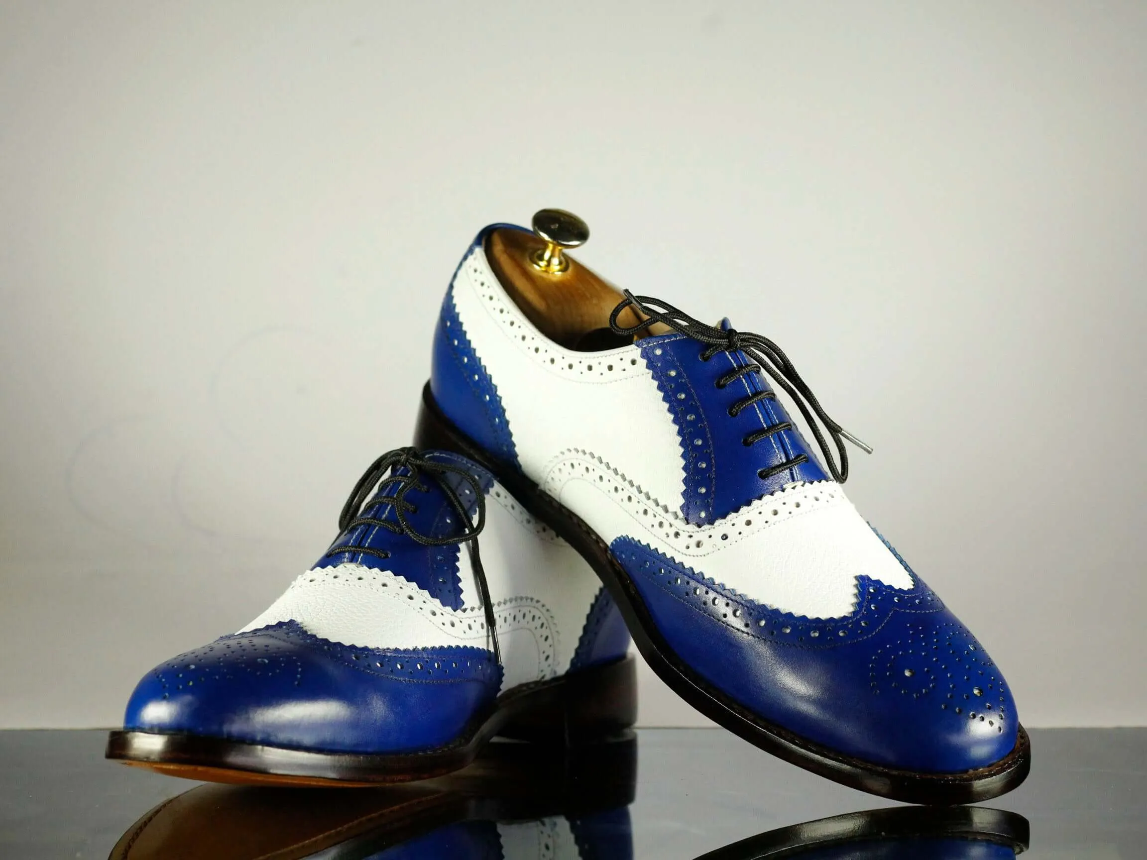 Handmade Men's Blue White Leather Wing Tip Brogue Lace Up Shoes, Men Designer Dress Formal Luxury Shoes