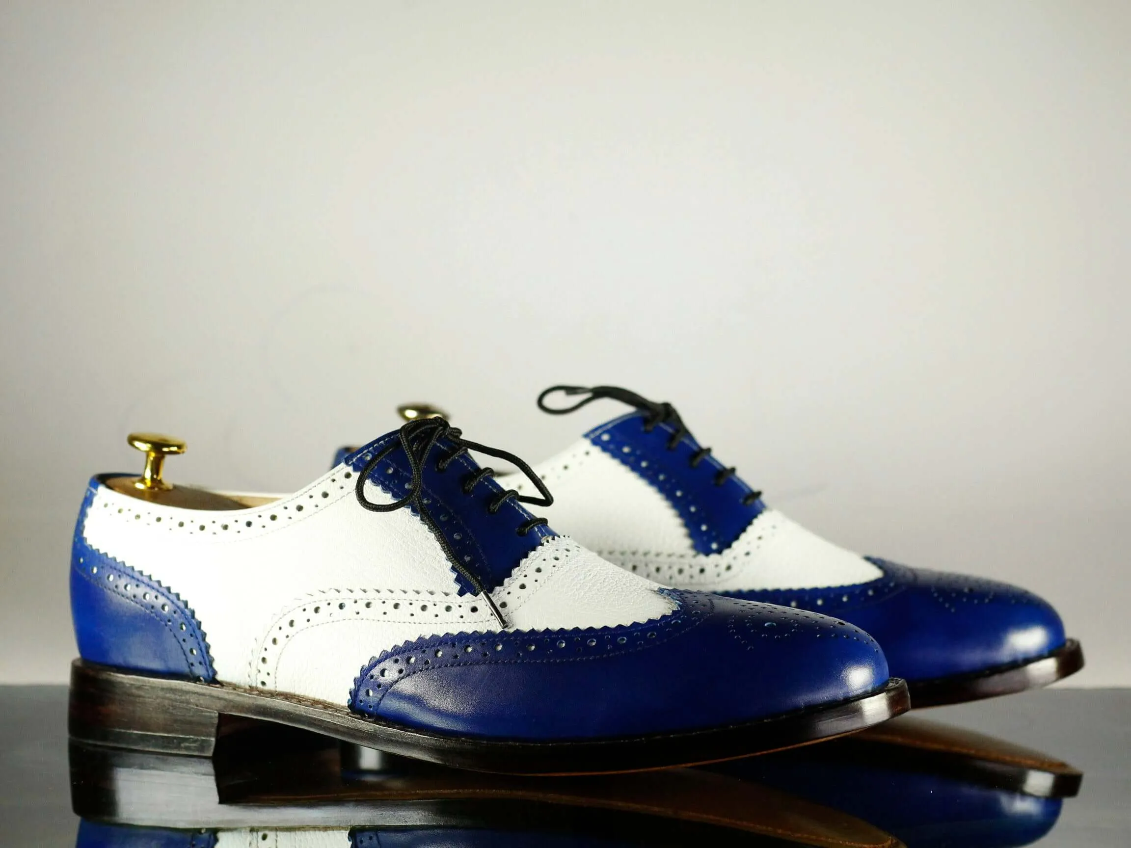 Handmade Men's Blue White Leather Wing Tip Brogue Lace Up Shoes, Men Designer Dress Formal Luxury Shoes