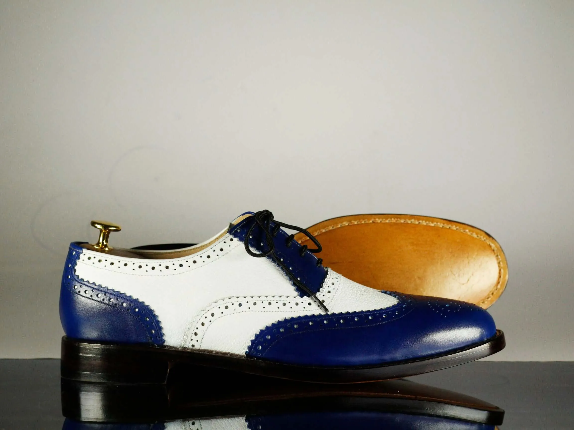 Handmade Men's Blue White Leather Wing Tip Brogue Lace Up Shoes, Men Designer Dress Formal Luxury Shoes