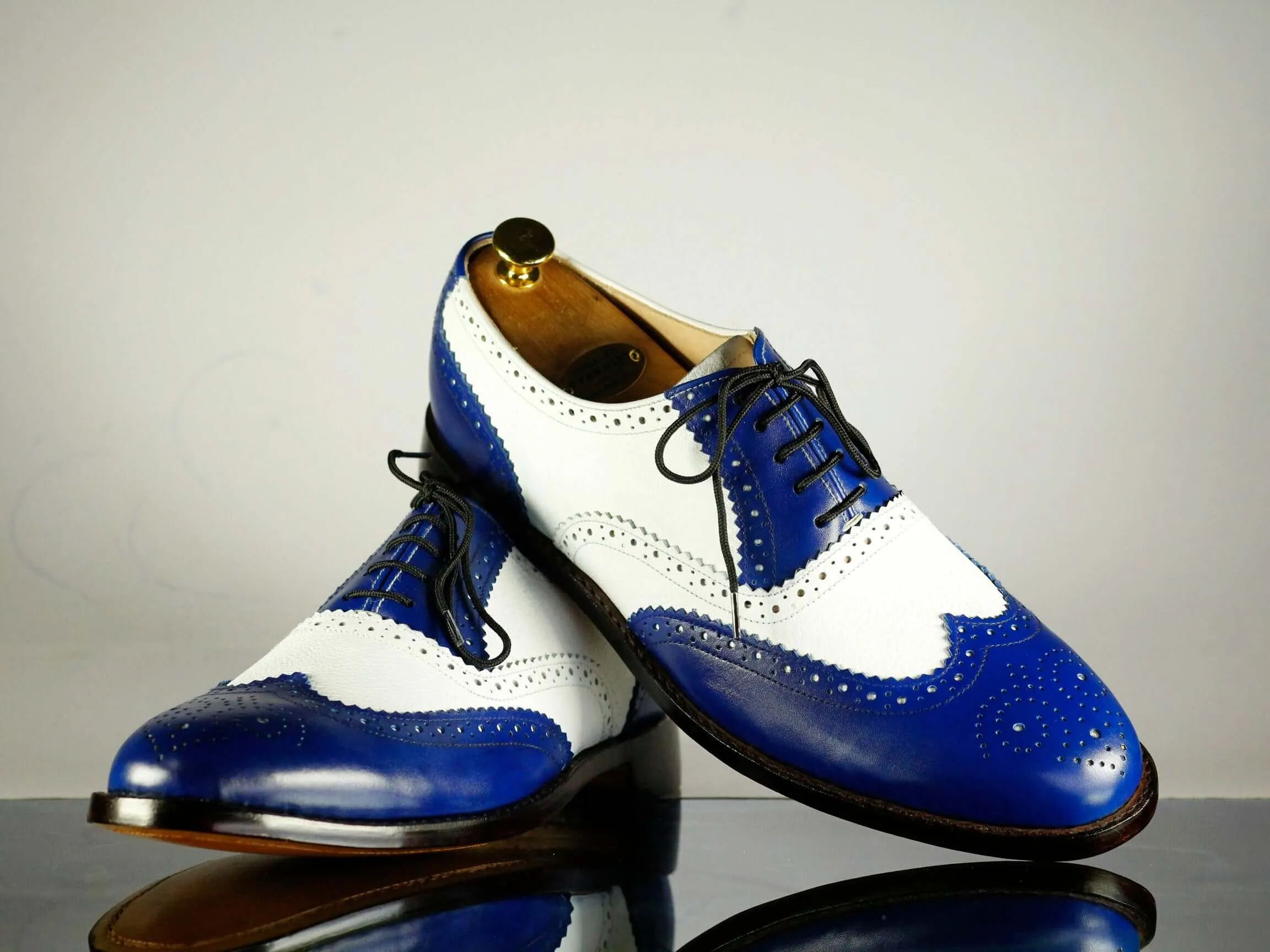 Handmade Men's Blue White Leather Wing Tip Brogue Lace Up Shoes, Men Designer Dress Formal Luxury Shoes