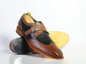 Handmade Men's Brown Black Wing Tip Leather Shoes, Men Monk Strap Dress Shoes