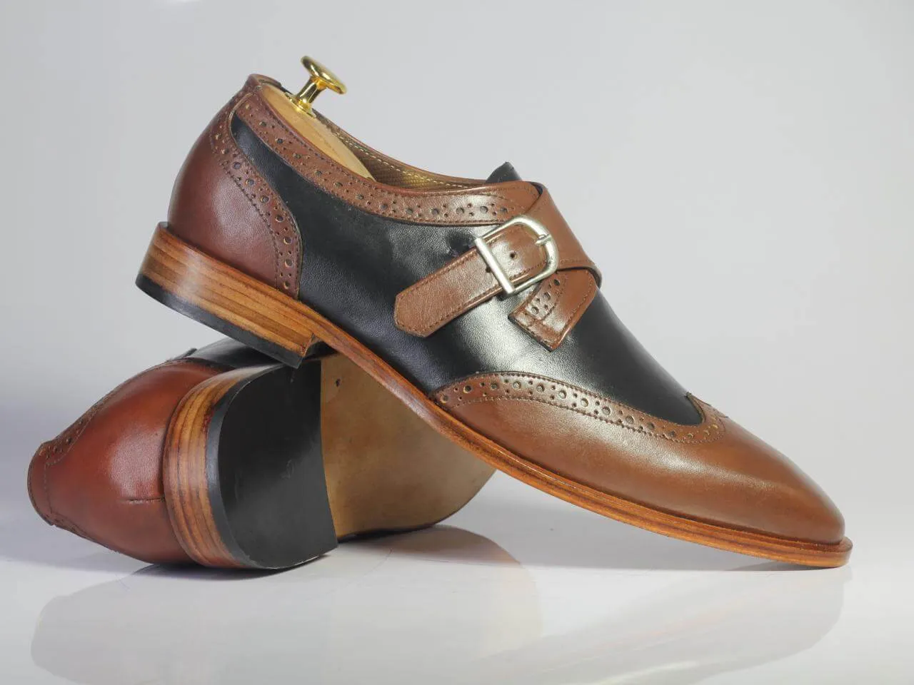 Handmade Men's Brown Black Wing Tip Leather Shoes, Men Monk Strap Dress Shoes