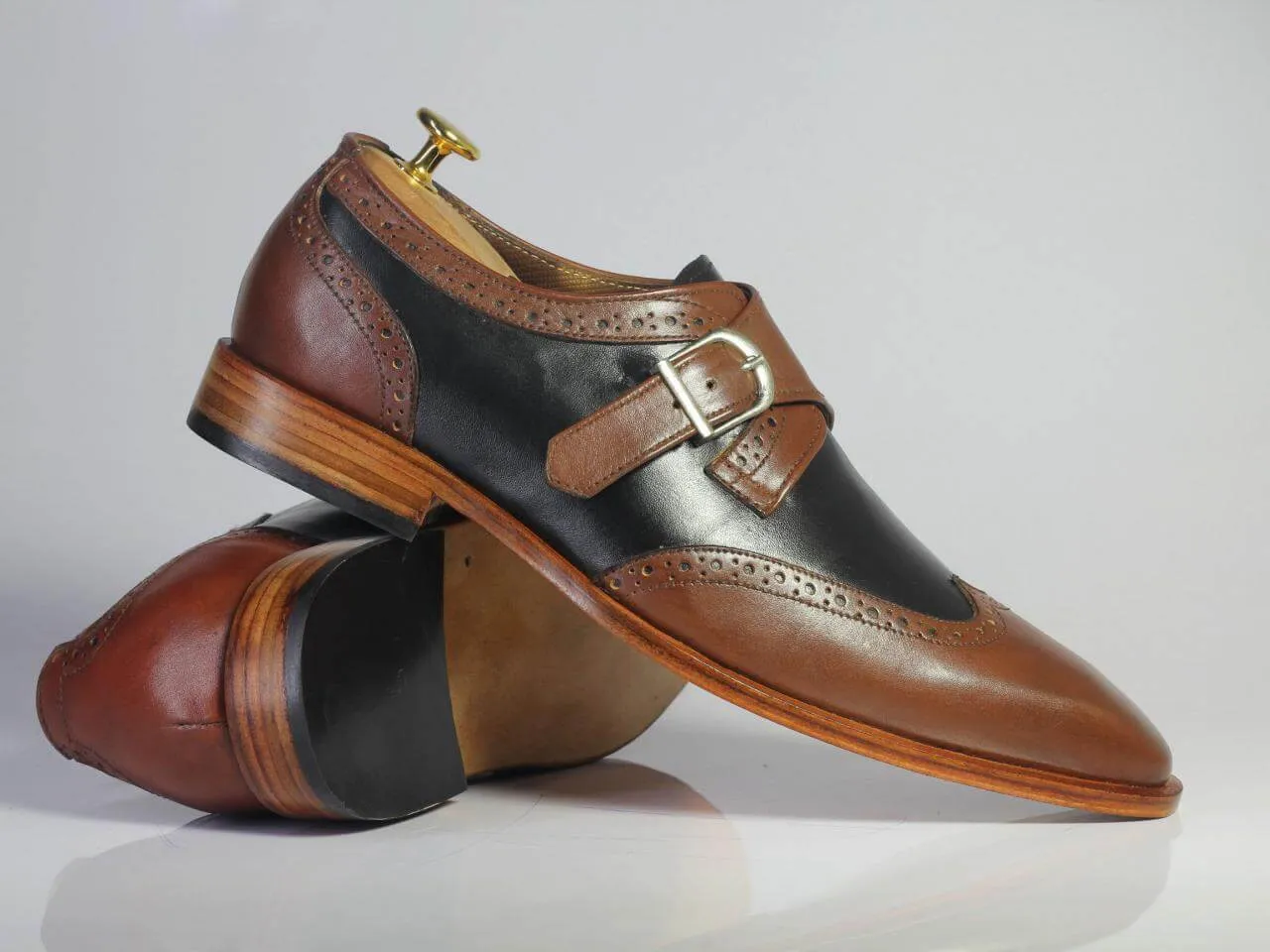 Handmade Men's Brown Black Wing Tip Leather Shoes, Men Monk Strap Dress Shoes