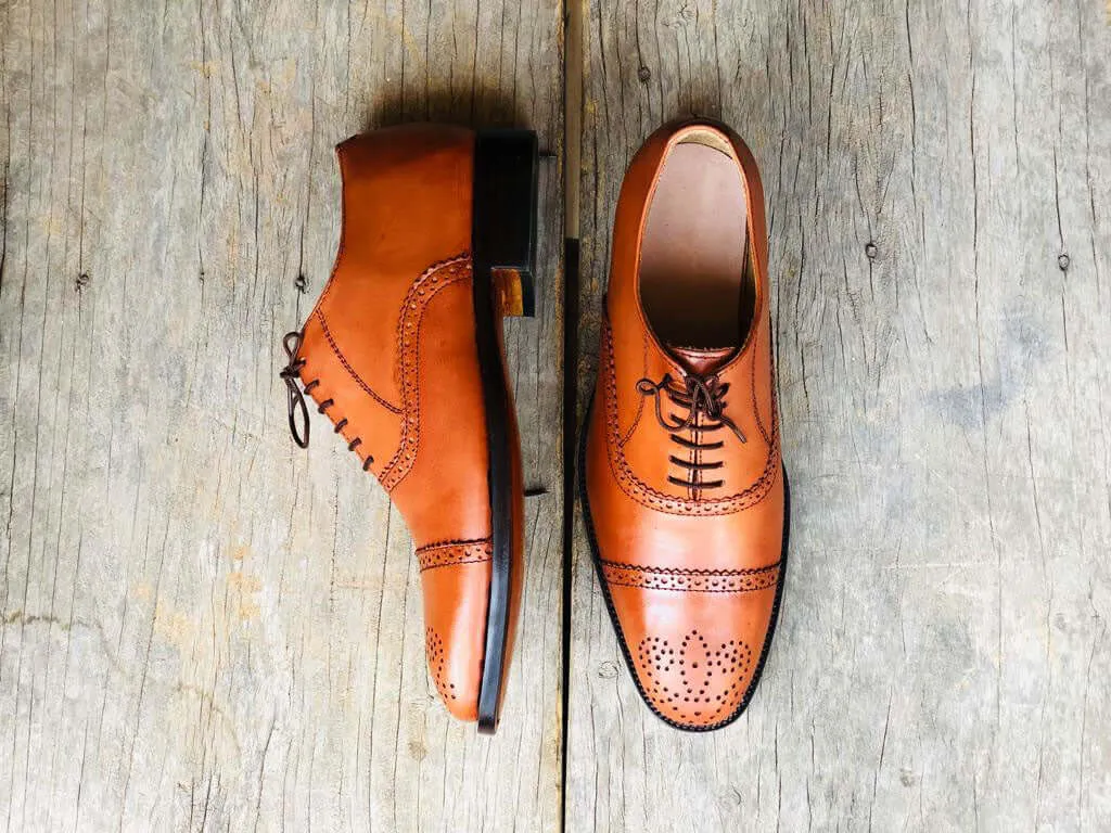 Handmade Men's Tan Cap Toe Brogue Leather Lace Up Shoes, Men Designer Dress Formal Luxury Shoes